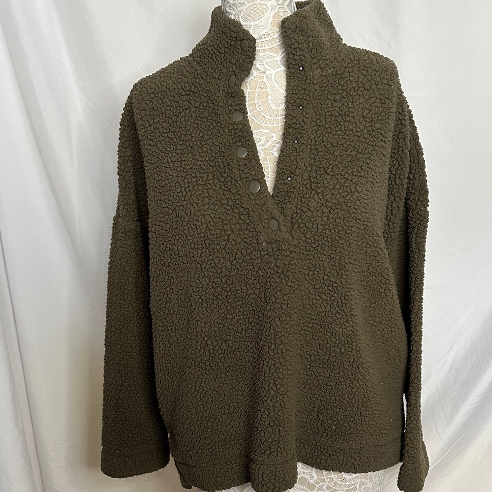 Aerie Olive Button-Up Fleece Sweater